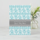Blue Grey Damask Custom Baby Shower Invitaties Kaart (Staand voorkant)