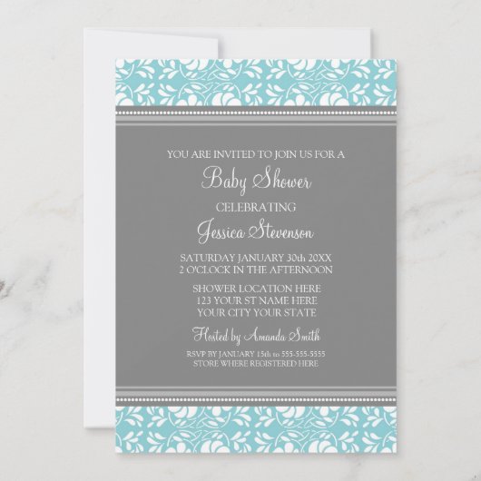 Blue Grey Damask Custom Baby Shower Invitaties Kaart (Achterkant)