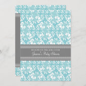 Blue Grey Damask Custom Baby Shower Invitaties Kaart (Voorkant / Achterkant)