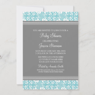 Blue Grey Damask Custom Baby Shower Invitaties Kaart