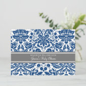 Blue Grey Damask Custom Baby Shower Invitaties Kaart (Staand voorkant)
