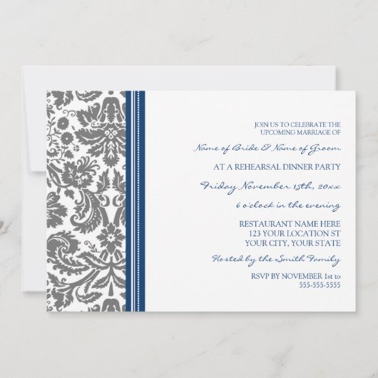 Blue Grey Damask repesal Dinner Party Kaart (Achterkant)