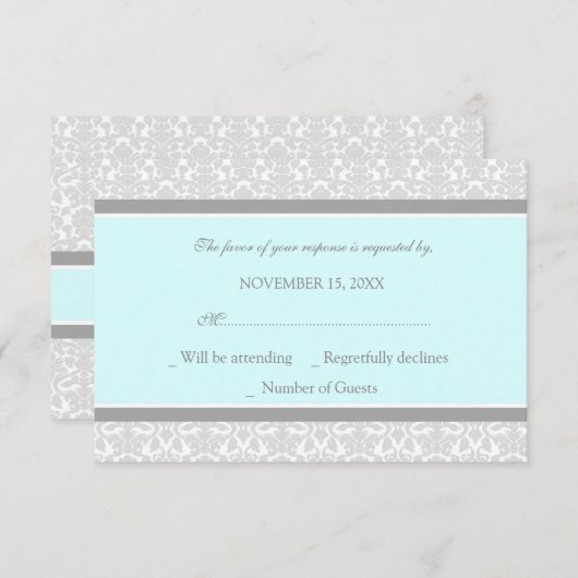 Blue Grey Damask RSVP Weddenkaart (Voorkant / Achterkant)