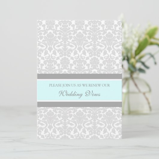 Blue Grey Damask Wedding Vow Renewal Uitnodigingen (Staand voorkant)