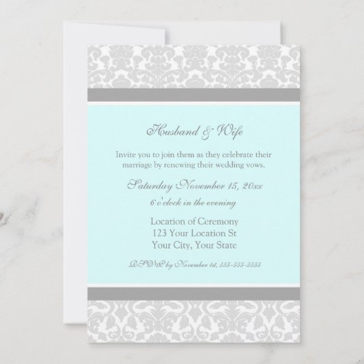 Blue Grey Damask Wedding Vow Renewal Uitnodigingen (Achterkant)