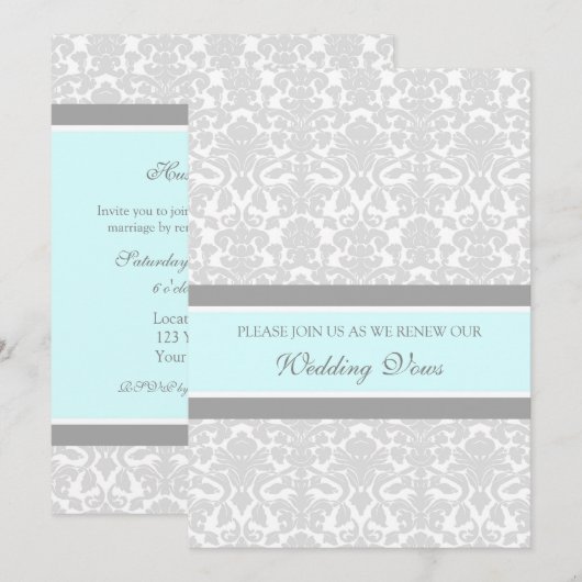 Blue Grey Damask Wedding Vow Renewal Uitnodigingen (Voorkant / Achterkant)