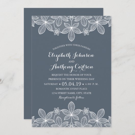 Blue Grey Elegant  Lace Best Luxury Wedding Kaart (Voorkant / Achterkant)
