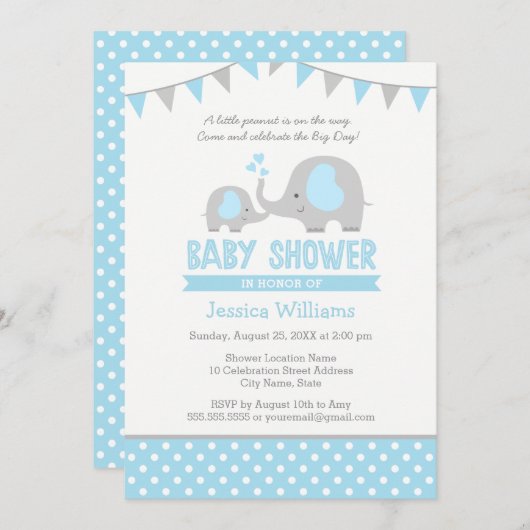 Blue Grey Elephant Baby Shower Invitations for Boy Kaart (Voorkant / Achterkant)