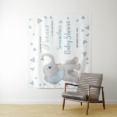 Blue Grey Elephant Boy Baby shower Backdrop Sign Wandkleed (In situ)