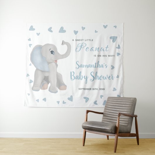 Blue Grey Elephant Boy Baby shower Backdrop Sign Wandkleed (In Situ (horizontaal))