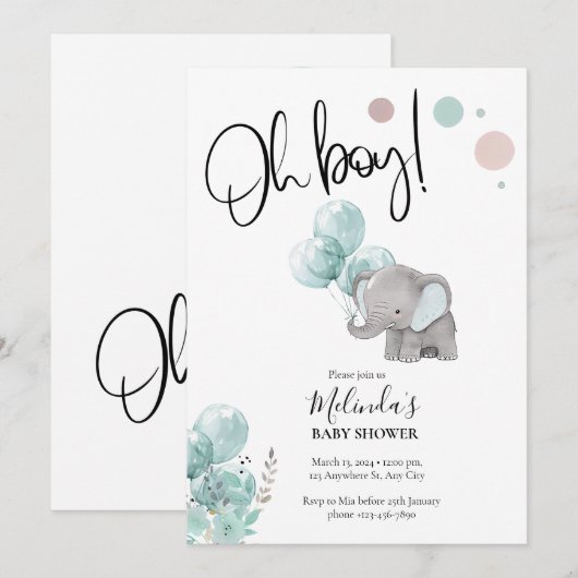 Blue Grey Elephant Boy Baby shower Uitnodiging (Voorkant / Achterkant)