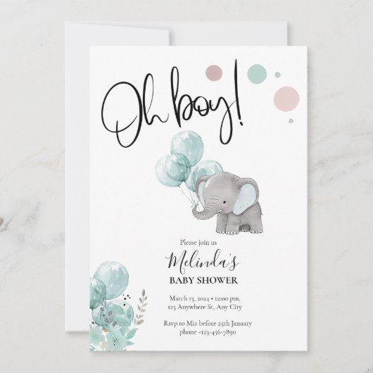 Blue Grey Elephant Boy Baby shower Uitnodiging (Voorkant)