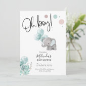 Blue Grey Elephant Boy Baby shower Uitnodiging (Staand voorkant)