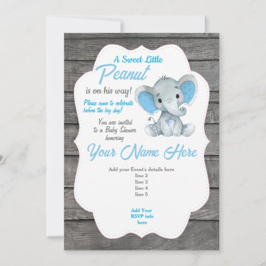 Blue Grey Elephant Invitation Editable Kaart (Voorkant)