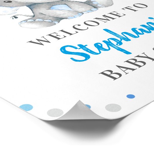 Blue Grey Elephant Polka Dot Baby shower Welkom Poster (Hoek)