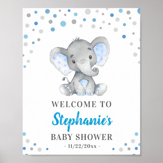 Blue Grey Elephant Polka Dot Baby shower Welkom Poster (Voorkant)