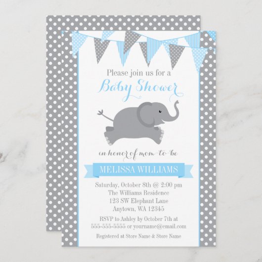 Blue Grey Elephant Polka Dot Bunting Baby shower Kaart (Voorkant / Achterkant)