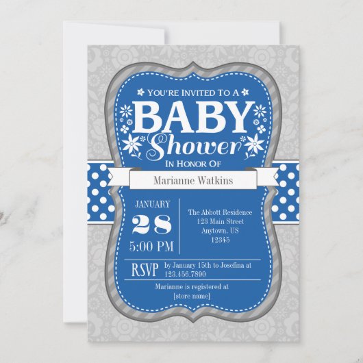 Blue Grey Floral Flower Baby shower Invitation Kaart (Voorkant)