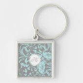 Blue Grey  Floral Pattern Monogram Sleutelhanger (Voorkant)