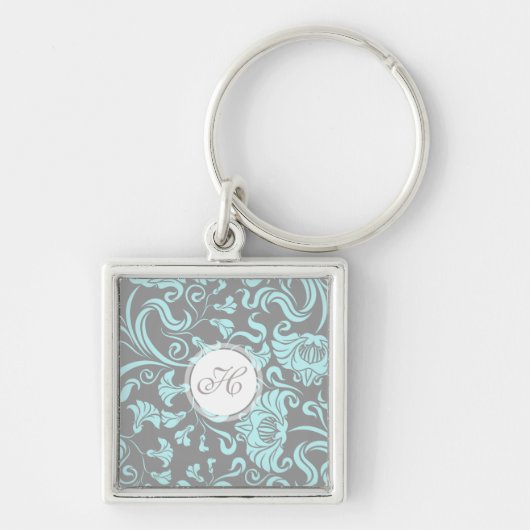 Blue Grey  Floral Pattern Monogram Sleutelhanger (Voorkant)