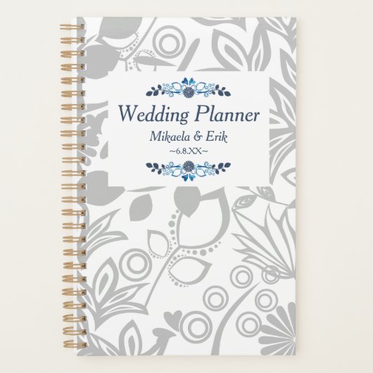 Blue Grey Floral Pattern Wedding Planner (Voorkant)