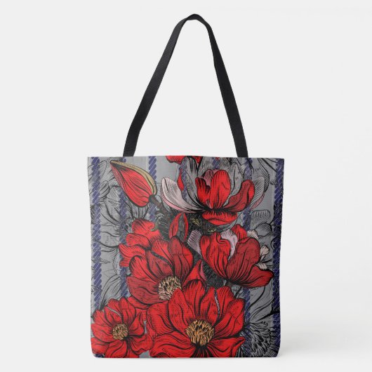 Blue Grey Floral Red Mode Designer Tas (Voorkant)
