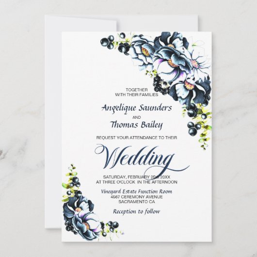 Blue Grey Floral Wedding Kaart (Voorkant)