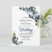 Blue Grey Floral Wedding Kaart (Staand voorkant)