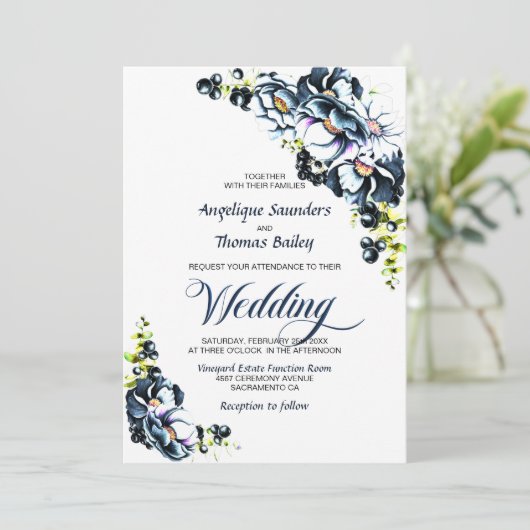 Blue Grey Floral Wedding Kaart (Staand voorkant)