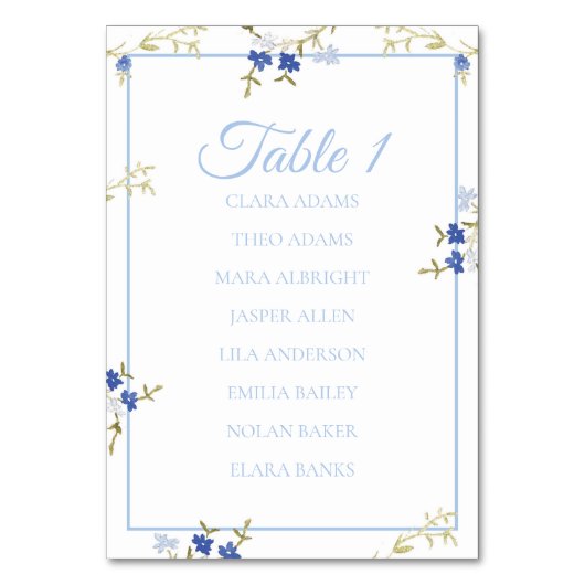 Blue & Grey Floral Wedding Seating Chart Card Kaart (Voorkant)