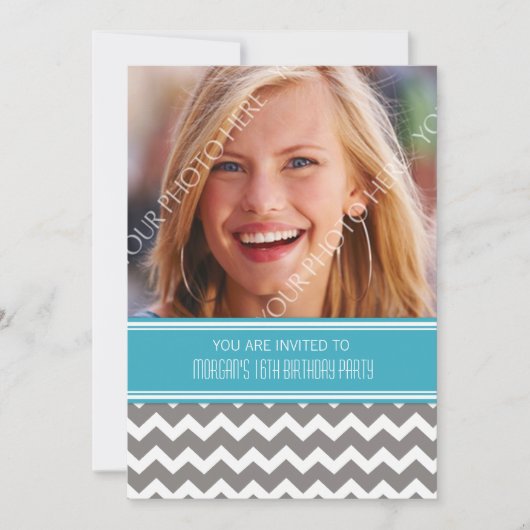 Blue Grey Foto 16th Birthday Party Invitations Kaart (Voorkant)