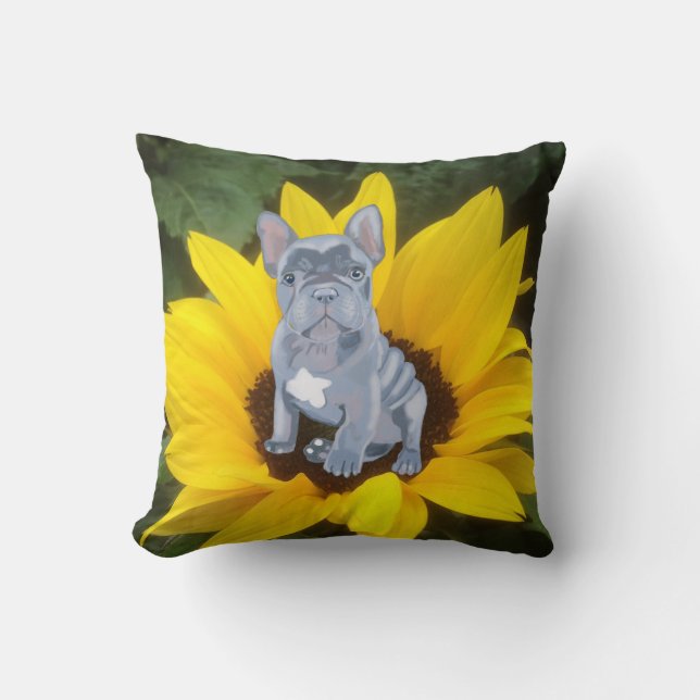 Blue Grey French Bulldog Puppy and Sunflower Kussen (Voorkant)