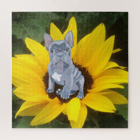 Blue Grey French Bulldog Puppy and Sunflower Legpuzzel (Verticaal)