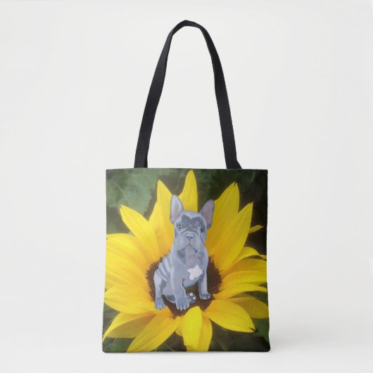 Blue Grey French Bulldog Puppy and Sunflower Tote Bag (Voorkant)