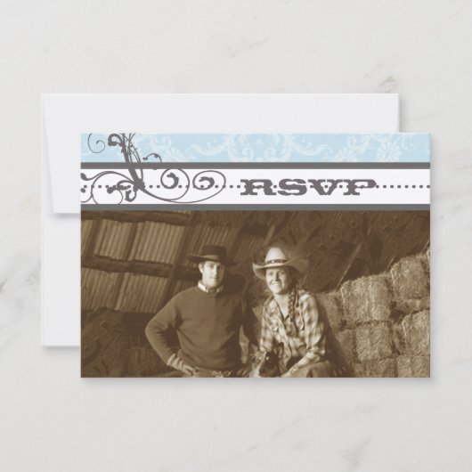 Blue & Grey Funky Swirls Wedding RSVP (Voorkant)