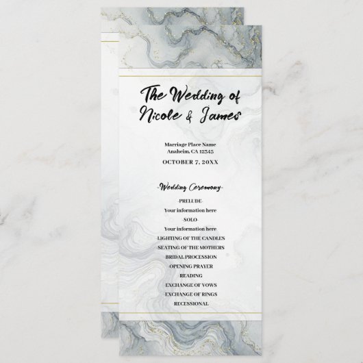 Blue Grey Gold Beach Waterverf huwelijksprogramma Programmakaart (Voorkant / Achterkant)