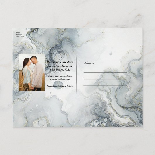 Blue Grey & Gold Beachy Waterverf Beach Datum opsl Aankondigingskaart (Achterkant)