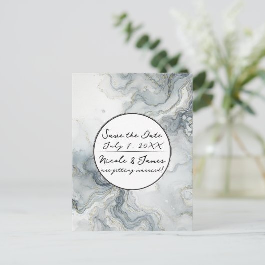 Blue Grey & Gold Beachy Waterverf Beach Datum opsl Aankondigingskaart (Staand voorkant)