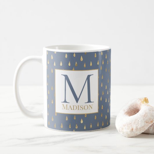 Blue Grey Gold Raindrop Modern Trendy Monogram Koffiemok (Met donut)