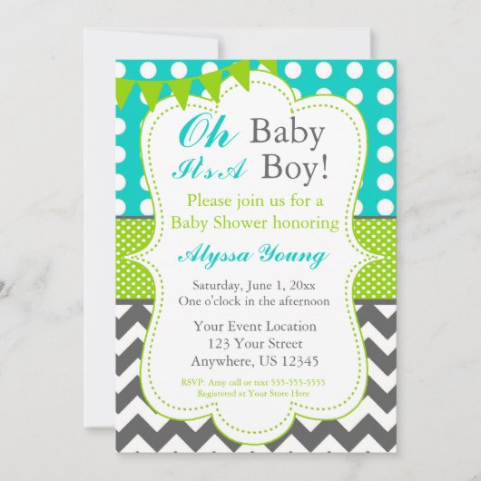 Blue Grey Green Baby Shower nodigt uit Kaart (Voorkant)