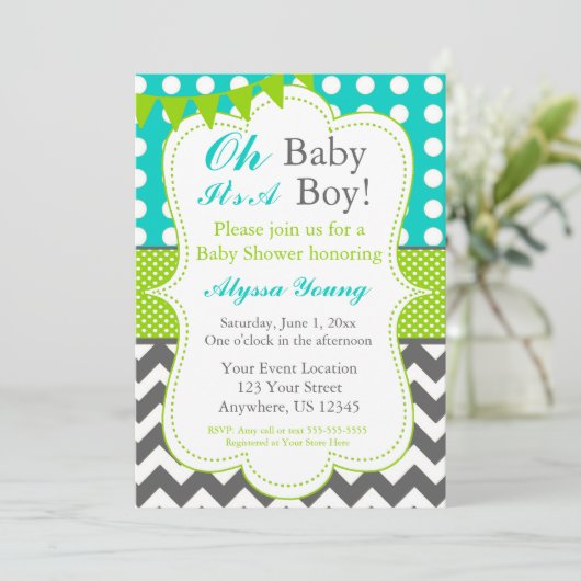 Blue Grey Green Baby Shower nodigt uit Kaart (Staand voorkant)