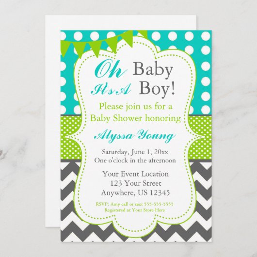 Blue Grey Green Baby Shower nodigt uit Kaart (Voorkant / Achterkant)