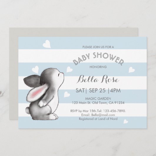 Blue Grey Heart Bunny Baby Shower Invitaties Kaart (Voorkant / Achterkant)
