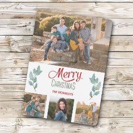 Blue Grey Holly Sprig Photo Template voor Kerstmis Feestdagenkaart