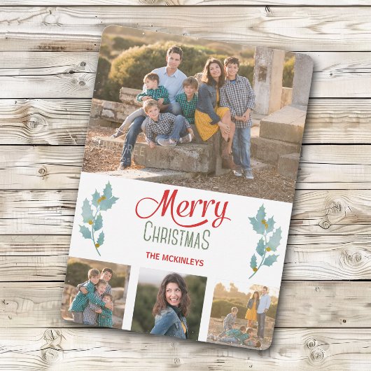 Blue Grey Holly Sprig Photo Template voor Kerstmis Feestdagenkaart