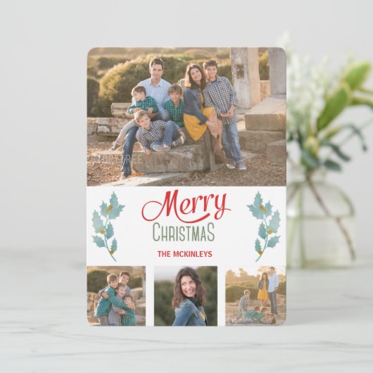 Blue Grey Holly Sprig Photo Template voor Kerstmis Feestdagenkaart (Staand voorkant)