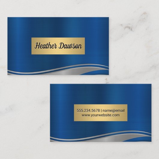 Blue Grey Metallic Wave Gold Lijst Visitekaartje (Voorkant / Achterkant)