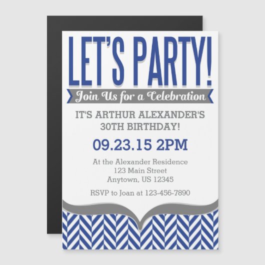 Blue Grey Modern Magnetic Birthday Invitations Magnetische Uitnodiging (Voorkant / Achterkant)
