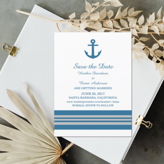 Blue Grey Nautical Anchor Save the Date Invite Kaart
