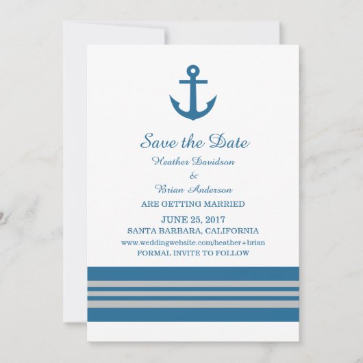 Blue Grey Nautical Anchor Save the Date Invite Kaart (Voorkant)